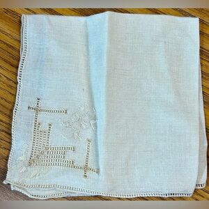 Handkerchief Hanky Vintage Ivory Embroidered Flower Open Cut Edge